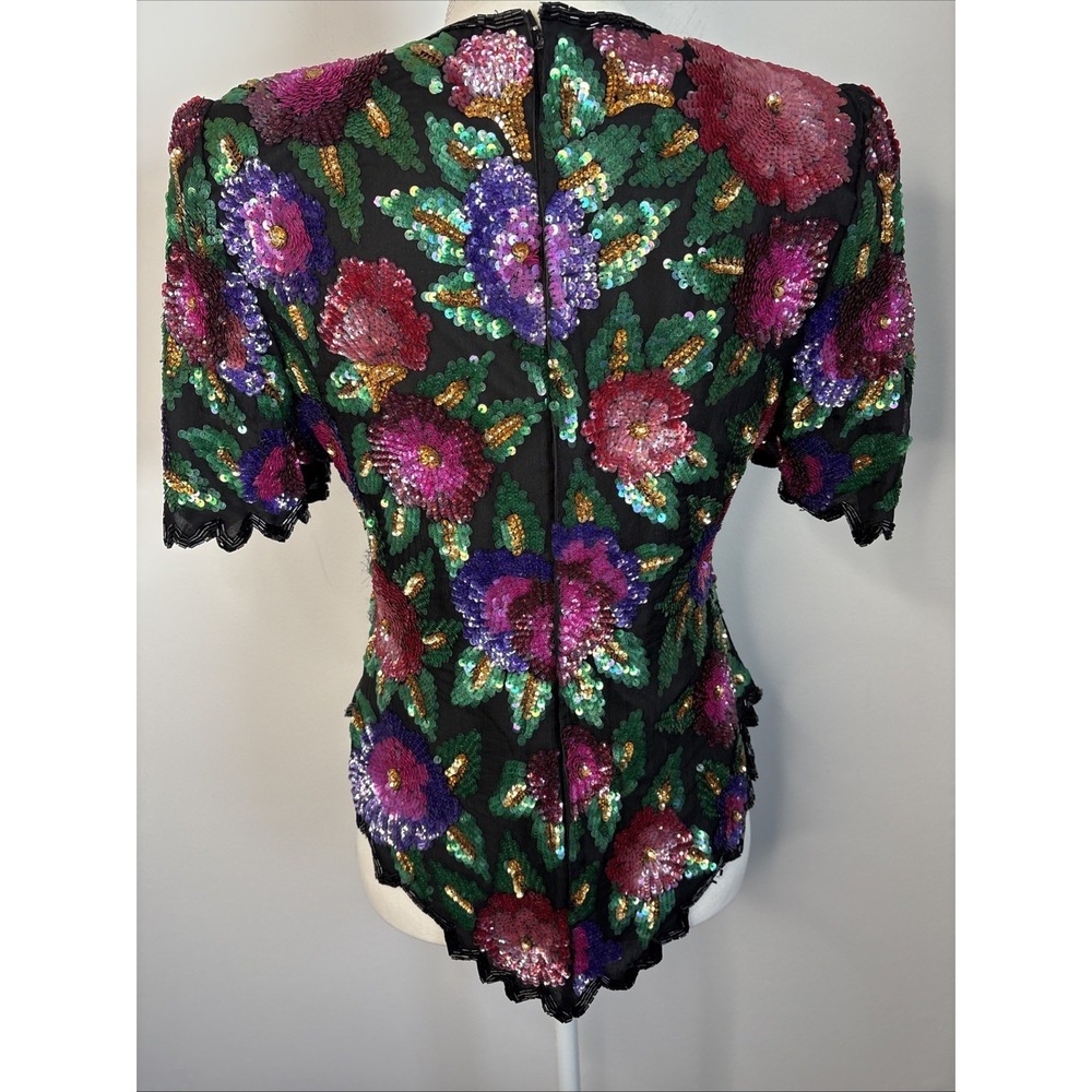 Vtg 90s Laurence Kazar Floral Sequin Blouse Size Medium Maximalist Cocktail - Picture 4 of 15